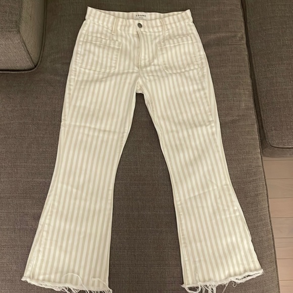 FRAME Le Bardot cropped flare jeans white and nude stripe - Picture 1 of 3